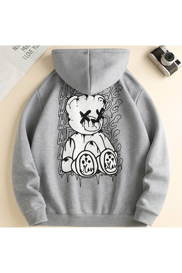 Unisex Oversize 3 Thread Yarn Kangaroo Pocket "Teddy Bear" Printed Hooded Sweatshirt