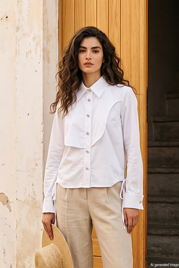 Side-Tie Buttoned Poplin Cotton Shirt 19587 Ecru