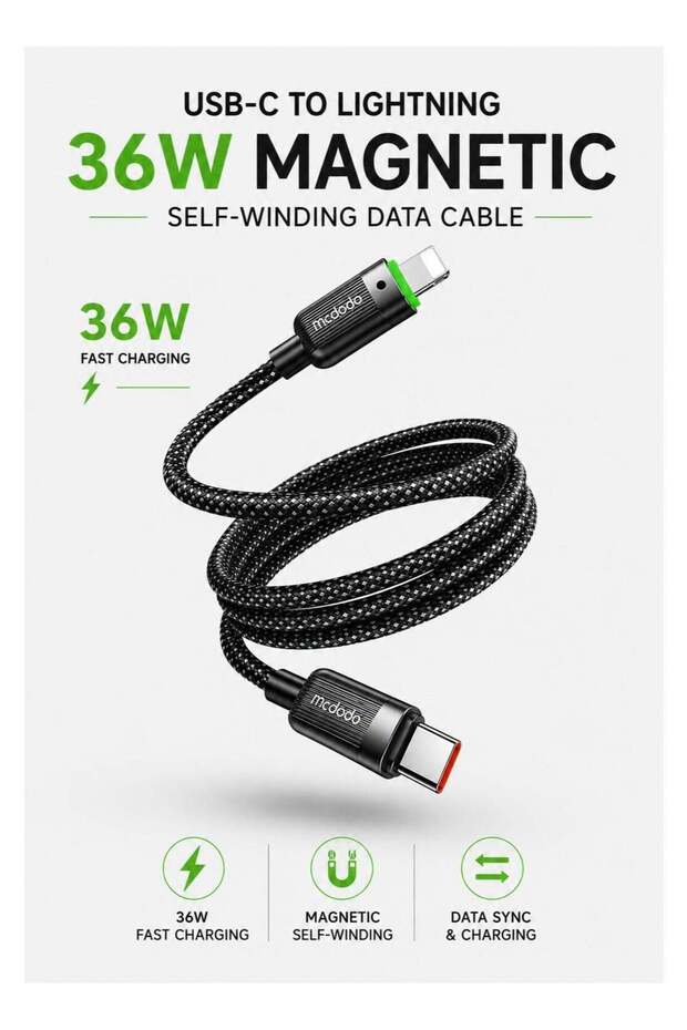 Magnetic Self-Winding 36W USB-C to Lightning Fast Charging Cable, 1.2M, iPad iPhone