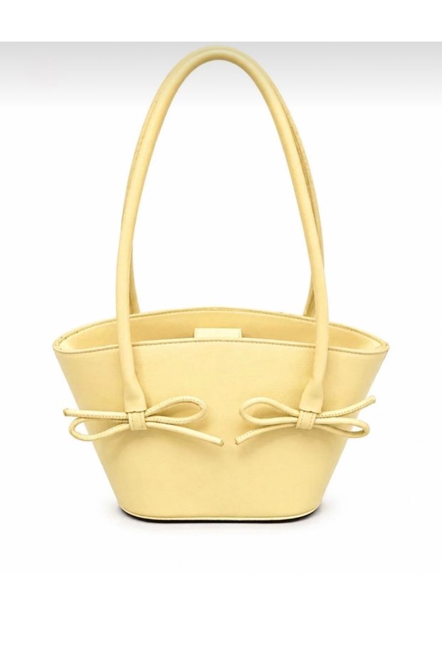 Women's Butter Yellow Leather Hand and Shoulder Bag with Bow Detail