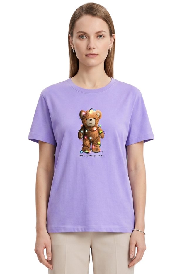 Women's Lilac Light Teddy Bear Printed T-Shirt 100% Cotton Comfortable Fit