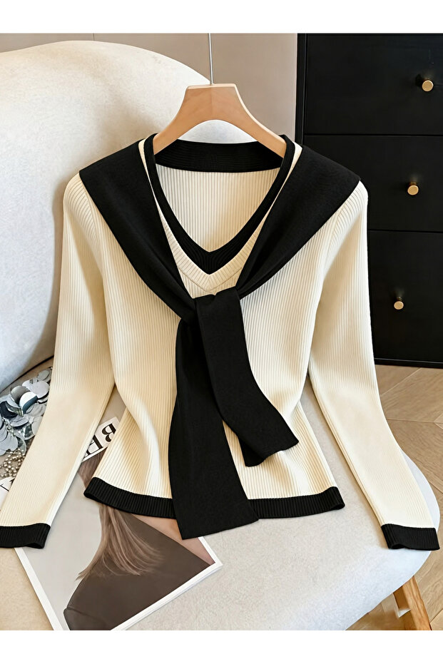 Women's Scarf Tie V-Neck Basic Blouse Knitwear Sweater