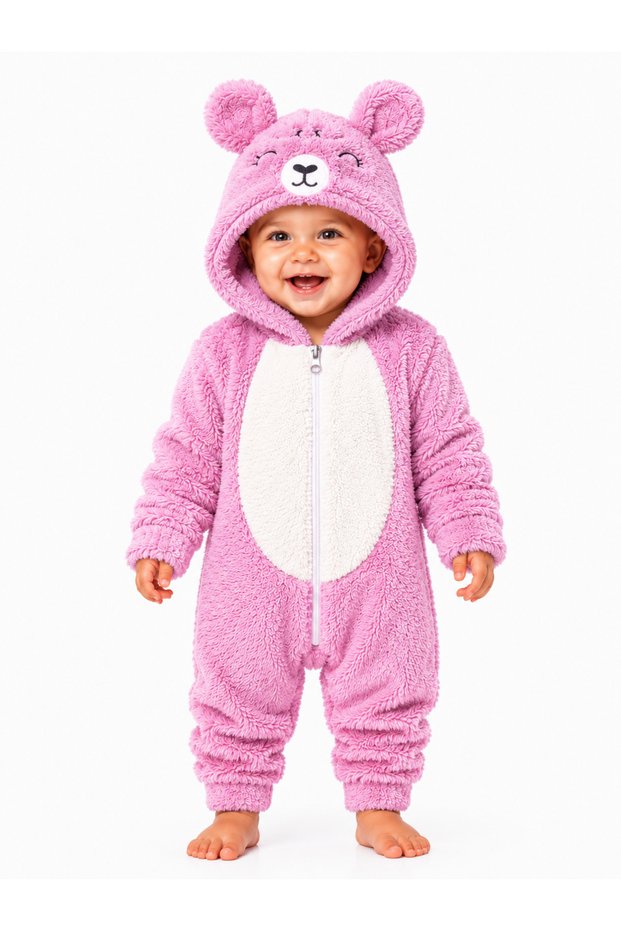 Girl Boy Baby Welsoft Plush Jumpsuit Hooded Zippered Winter Baby Romper Teddy Bear Patterned Soft Fleece Jumpsuit