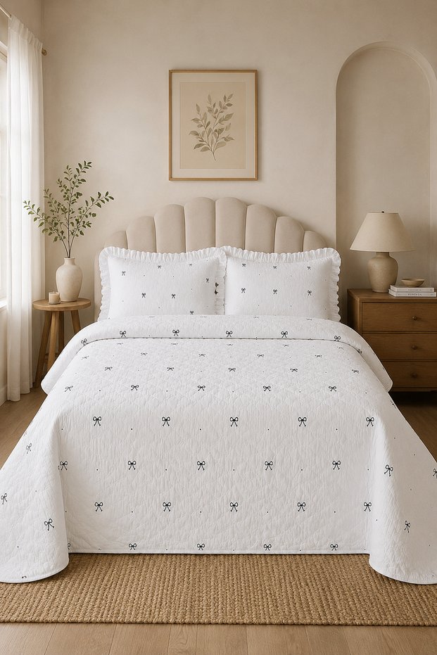 Cotton Bowknot Double Pique Set White