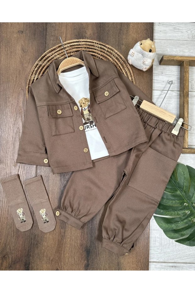 Gabardine Lycra Jacket, Trousers, Teddy Bear Printed Long Sleeve, Badi and Socks Detailed 4-Piece Baby Boy Set