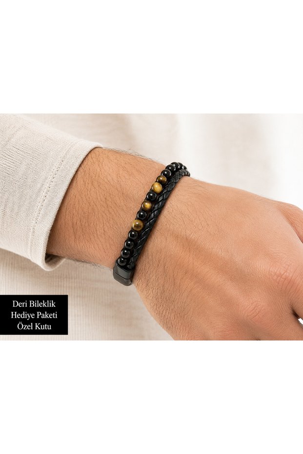 Black Leather Men's Bracelet with Tiger's Eye Stone – Stylish Men's Accessory with Double Row of Beads