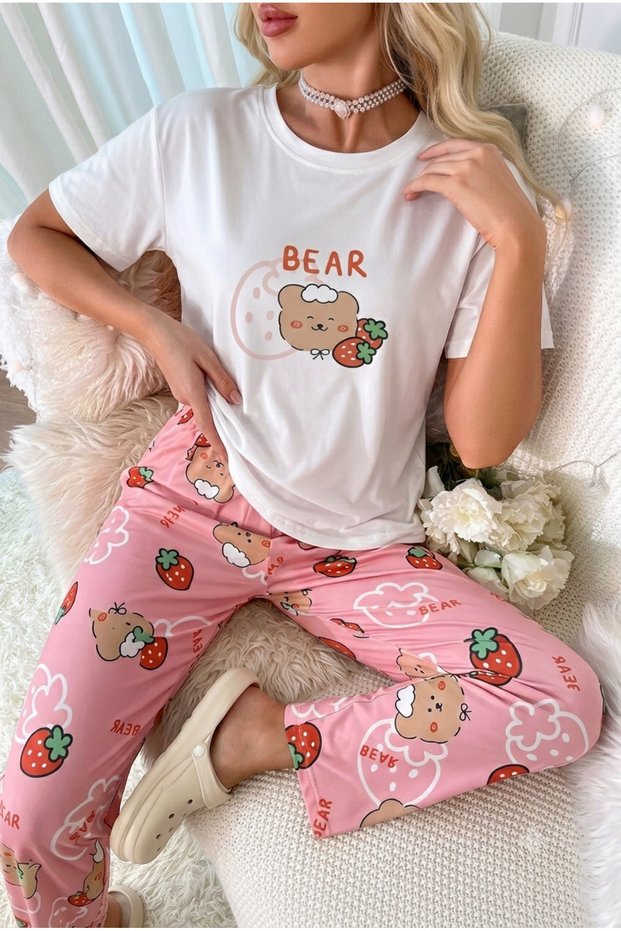New Strawberry Bear Short Sleeve Pajama Set Supersoft Basic Single Jersey