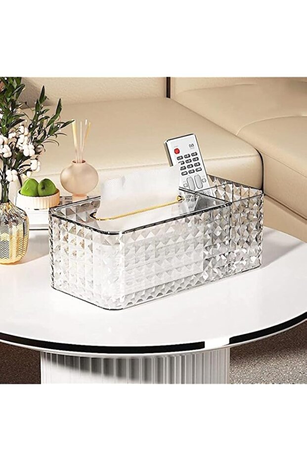 SEEMIE White Modern Rectangular Tissue Box Holder with Storage, Compartments for iPad, Phones, Remote Controls, Reading Glasses, Notepads & Pens