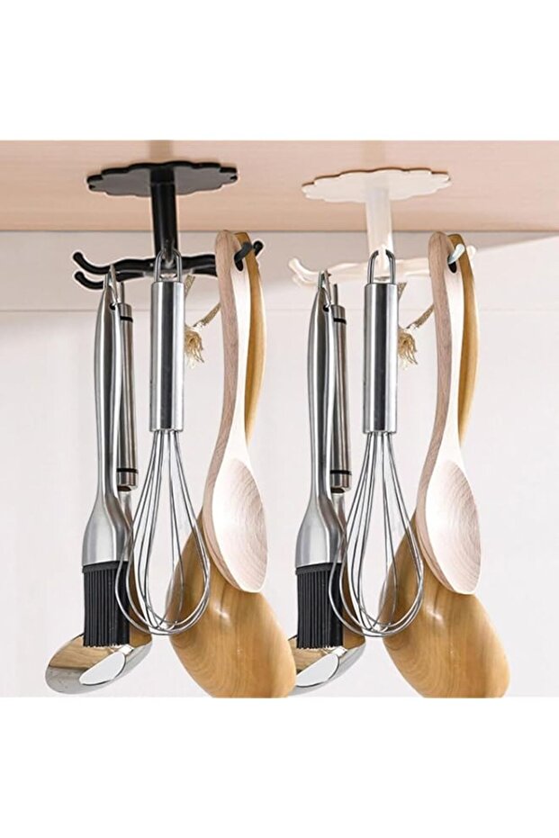 4 Pcs Under Cabinet Hooks Ceiling Hook Wall Mounted Hole Free Hanger, 360° Swivel Kitchen Shelf, Black & White