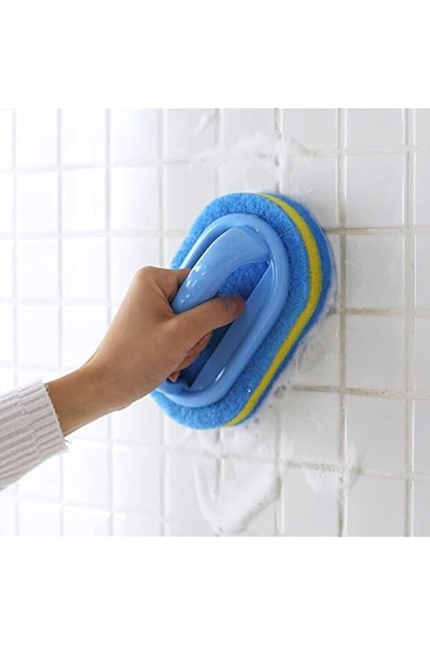 Ergonomic Bathroom Scrubber Sponge, Blue and Yellow Handled Cleaning Brush with Soft Magic Sponge, 15.5 x 9.5 x 3 cm, for Bathtub Tile Kitchen Pool