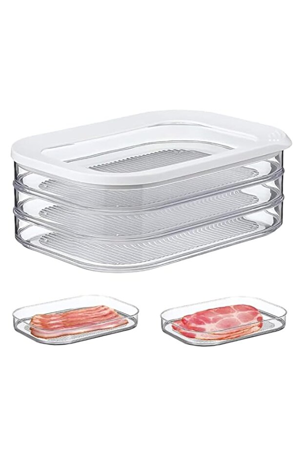 HASTHIP® Food Storage Container, BPA Free, Fridge Storage Boxes with Removable Triple Layer Tray, Stackable Fresh Box for Cold Cuts, Deli, Meat, Vegetables, Fruit, 22.5x16x8.5cm