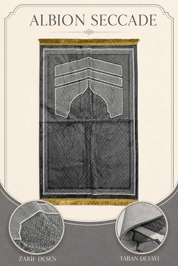 Albion Prayer Rug Velvet Soft Textured Kaaba Patterned Daily Prayer Mat 70X110 | Luxury Prayer Mat - Gray