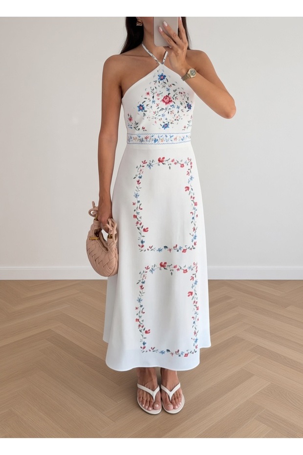 Women's White Halter Neck Floral Patterned Dress