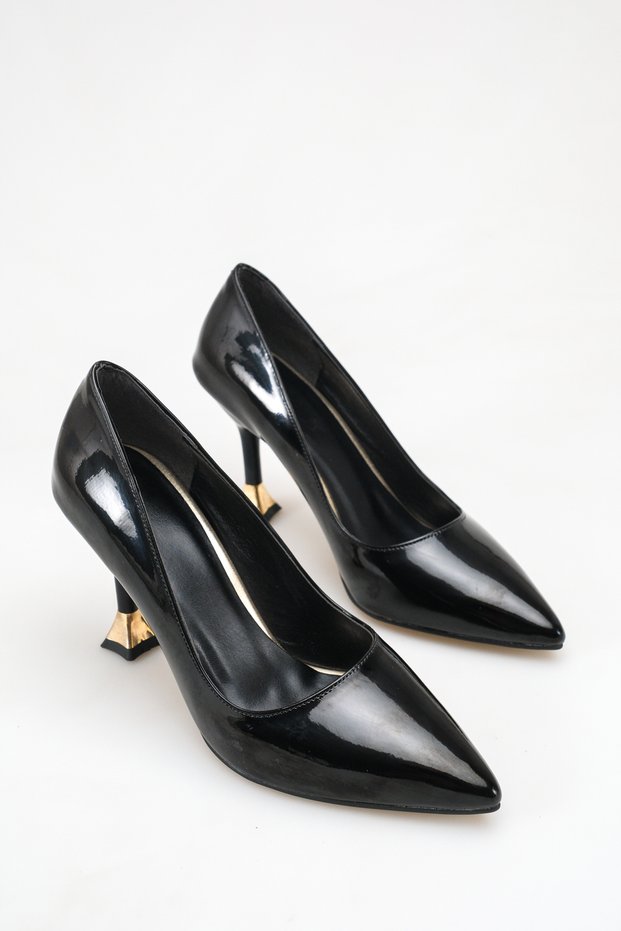 Patent Leather Shiny Pointed Toe Gold Detailed Heeled Women's Shoes