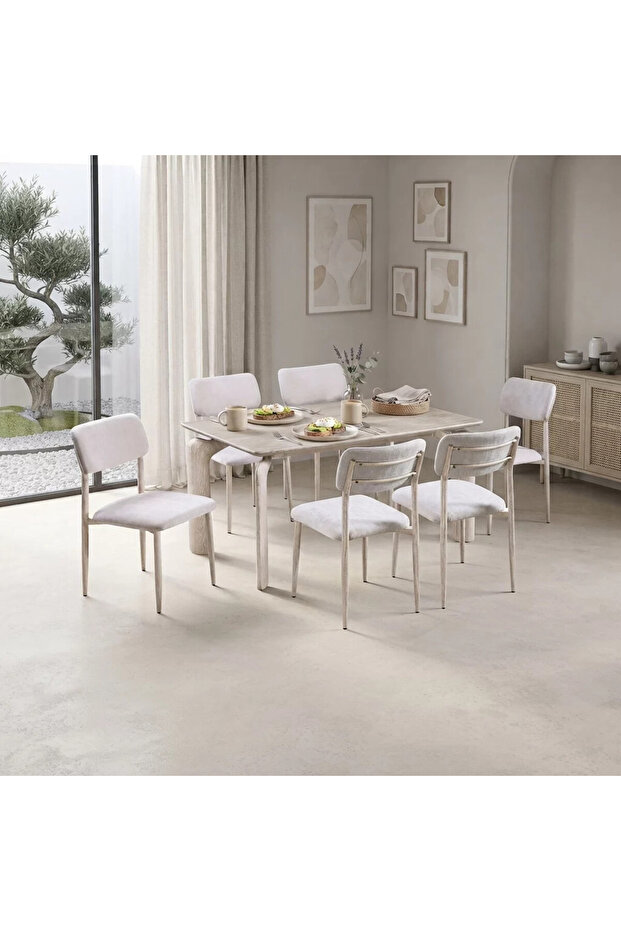 طقم طاولة طعام 6 كراسي بتصميم عصري مودرن ــ بيج ــ 150×90×75 سم