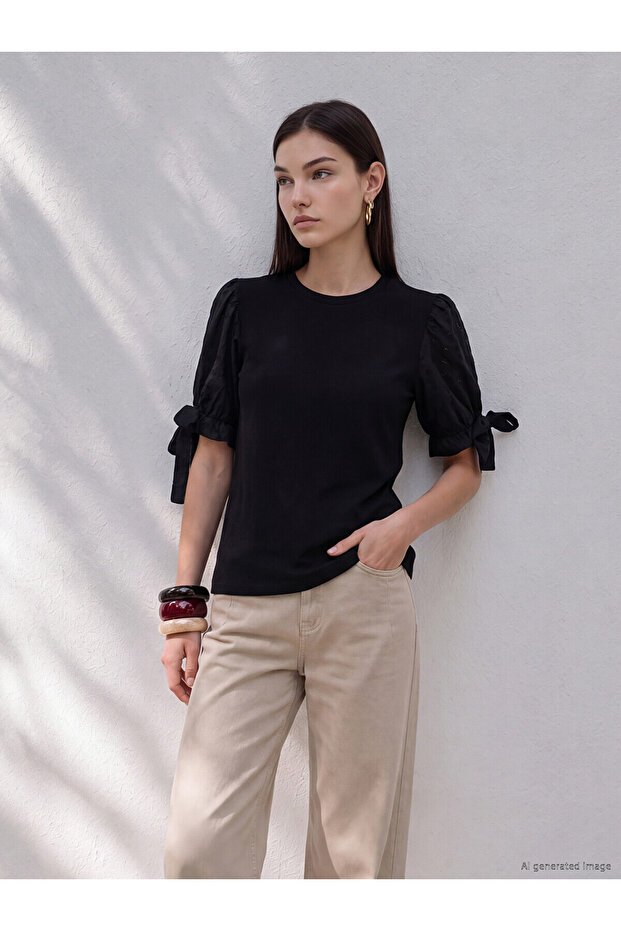 Gencc Quality Brode Sleeve Blouse with Lace Detail