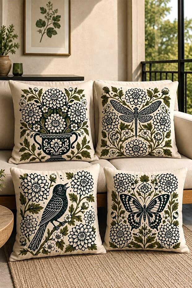 Drawing of Hummingbird, Bird, and Flowerpot Patterned 4-Piece Throw Pillow Cover Set