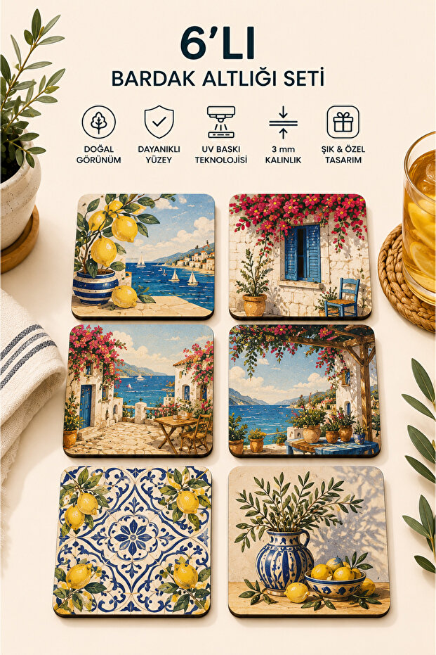 Mediterranean Breeze Set of 6 Coasters – Summer Themed Decorative Mdf Coasters