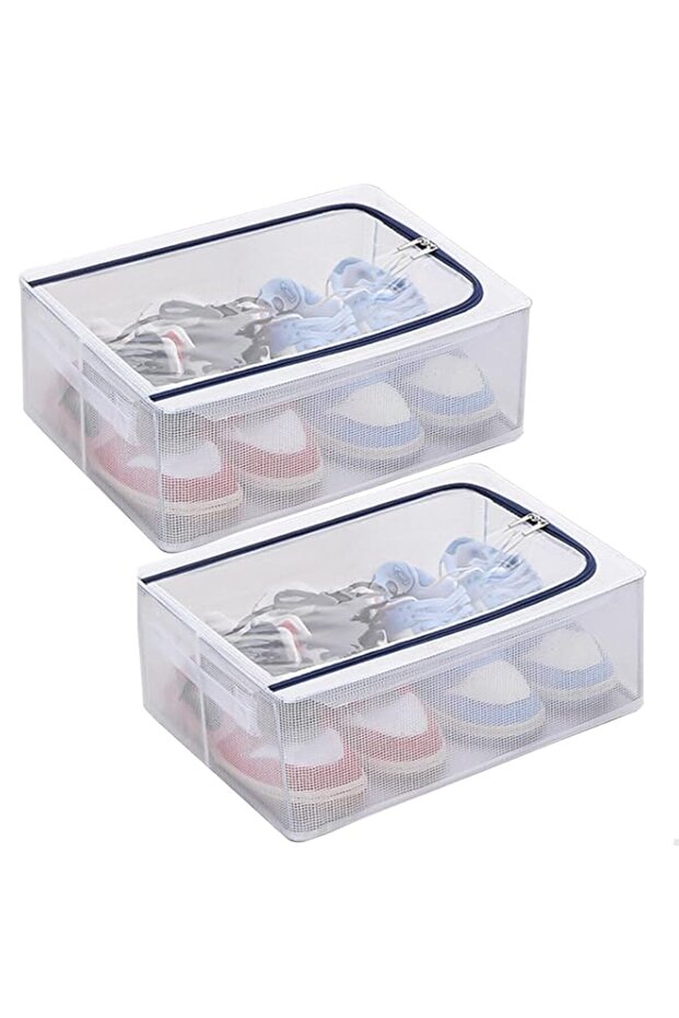 X spring Stackable Storage Bins, 2 PCS Fabric Organizers with Clear Lids and Stainless Steel Bracket, Foldable Shoe Container with Handle and Zippers for Entryway Closet under Bed or Attic