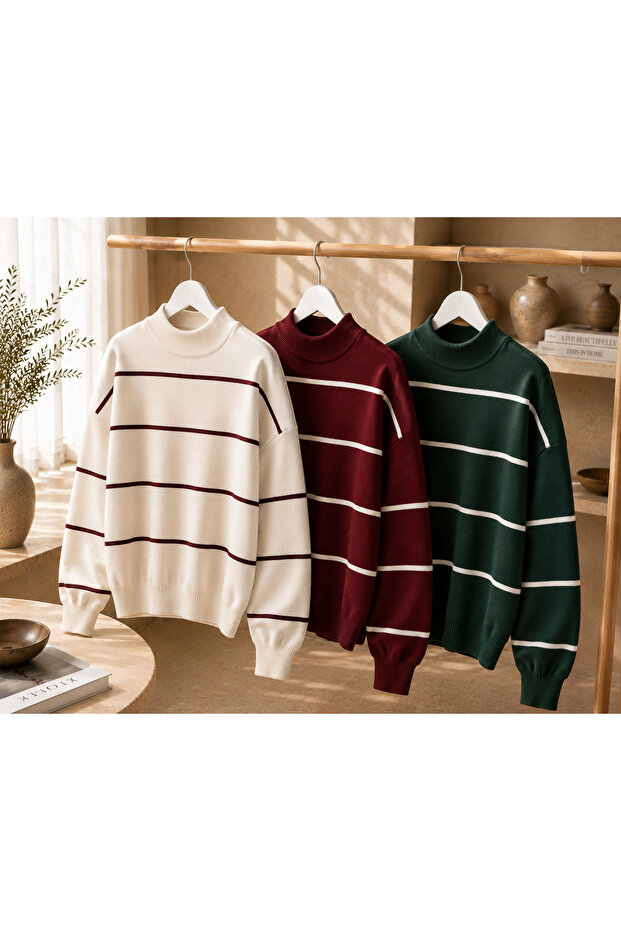 Women's 3-Piece Striped Knitwear Sweater Oversize Loose Design