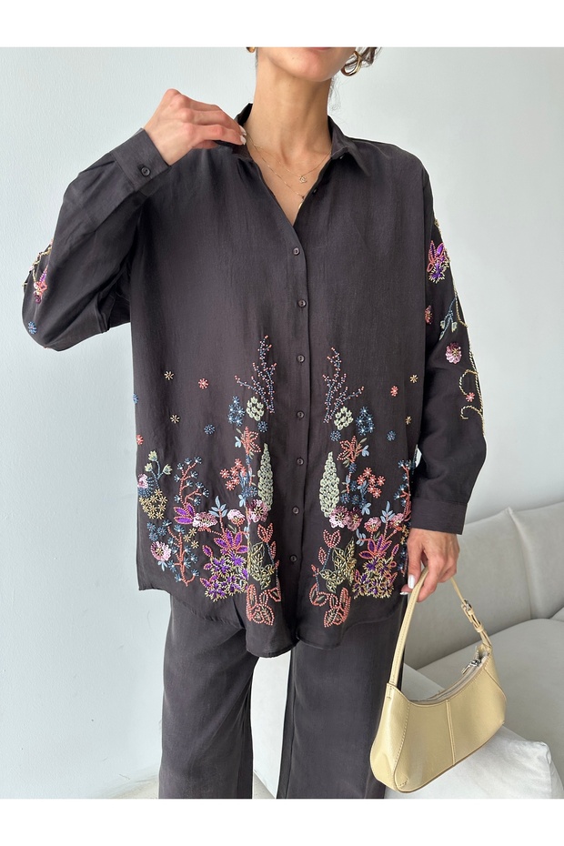 Women's Oversize Shirt with Beading on Front, Back and Sleeves