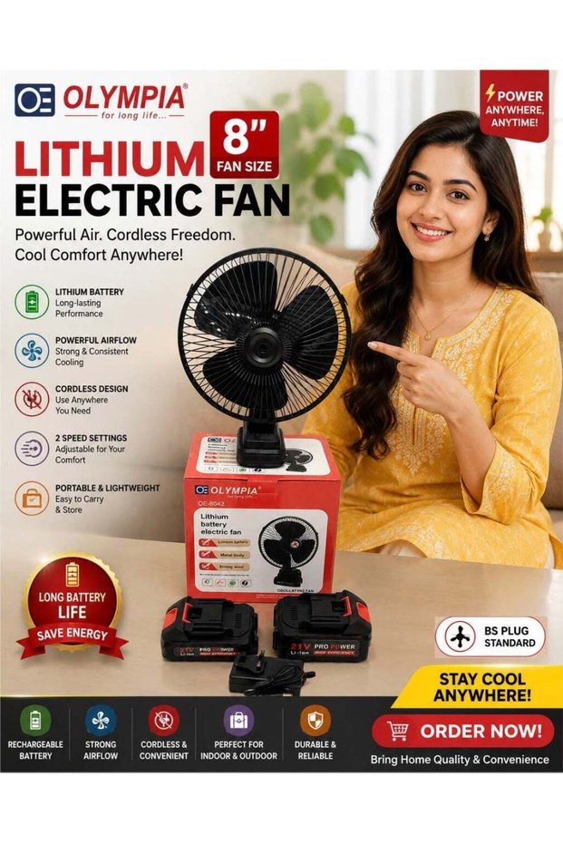 8 Inch Lithium Electric Fan, Cordless Rechargeable Portable Table Fan with Powerful Airflow, 2 Speed Settings, Long Battery Life, Lightweight Design, Ideal for Home, Office, Bedroom, Travel an
