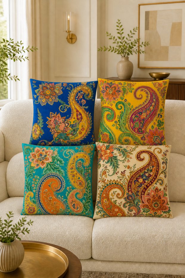 Colorful Shawl Patterned Decorative Throw Pillow Cover Set, Paisley Living Room Decor (Double Sided)