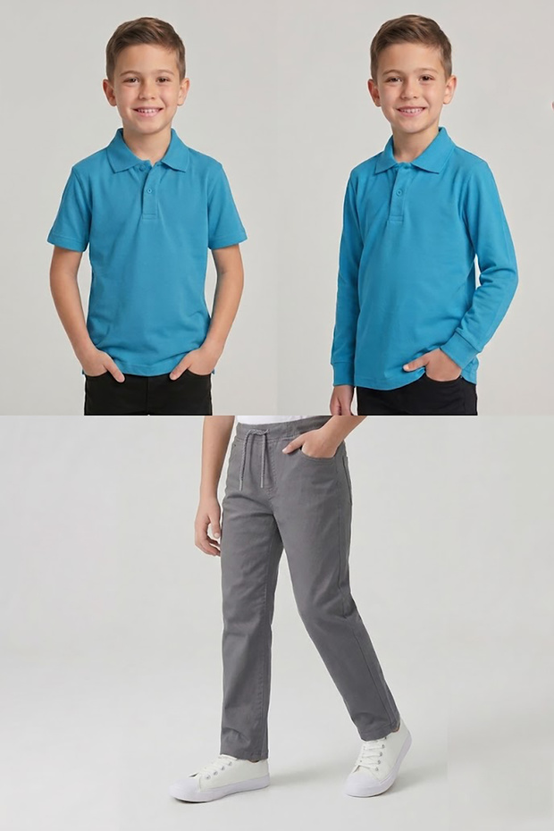 Boys' School Turquoise Long and Short Sleeve Polo Collar T-Shirt Gray Ribbed Waist Pants 3-Piece Set