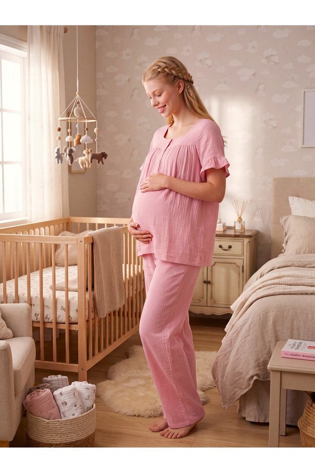 New Season Powder Muslin Fabric Buttoned Easy Breastfeeding Feature Design Ruffle Sleeve Detailed Summer 100% Cotton Maternity Pajama Set