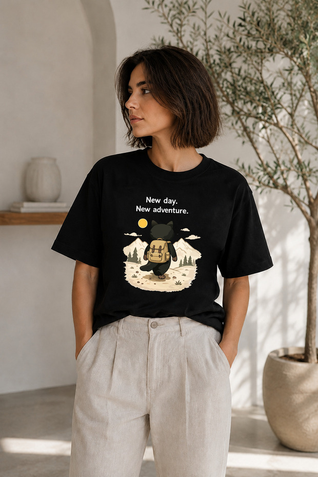 Premium New Day New Adventure Printed Black Oversize Unisex T-Shirt