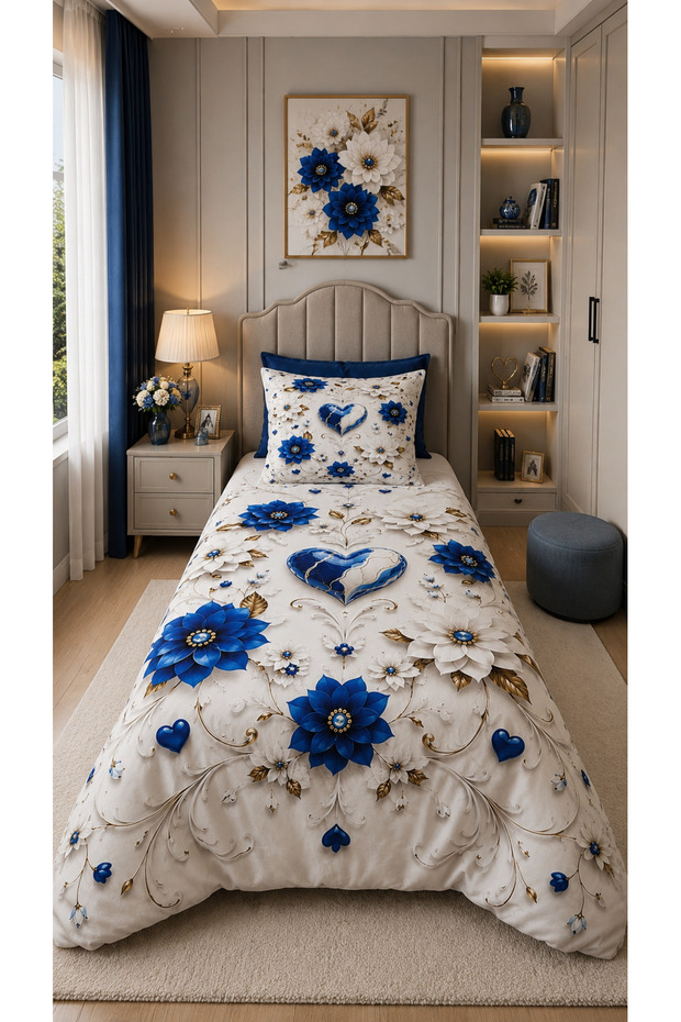 Sapphire Love 5D Digital Printed 100% Cotton Single Duvet Cover Set (4 Pieces)