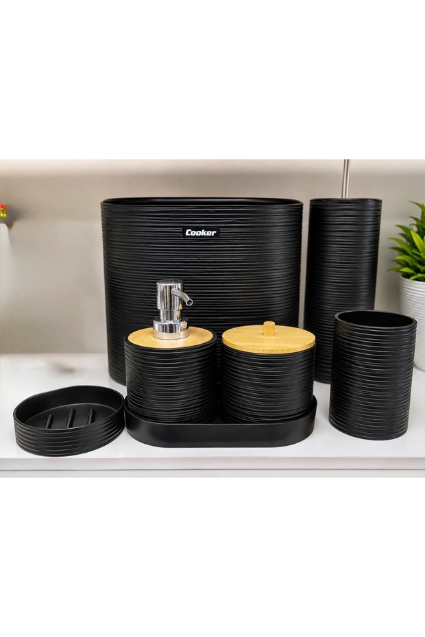 Black Bamboo Lid Bathroom Set 6 Piece Trash Can Soap Dispenser Toothbrush Holder Toilet Brush