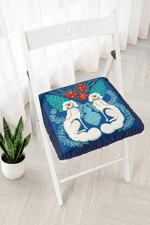 Double White Dog and Leaf Motif Fringed Zippered Chair Cushion - Tufted Patchwork Decor