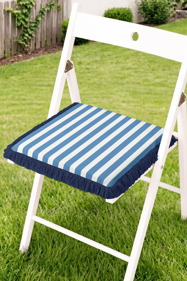 Thick Striped Patterned Fringed Zippered Chair Cushion - Tasseled Kitchen and Balcony Decor Cushion