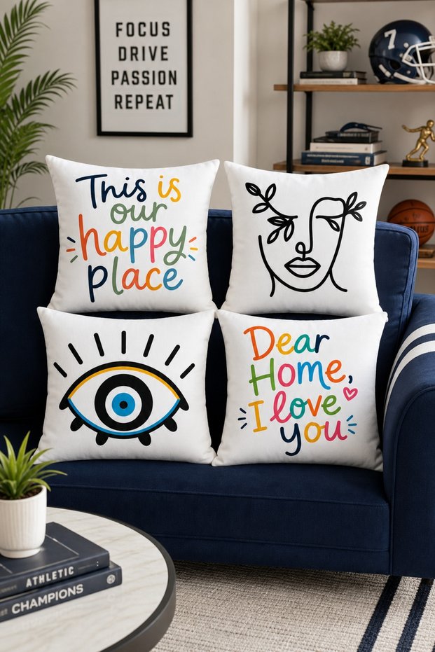 Modern Evil Eye and Line Art Face Patterned 4-Piece Throw Pillow Cover Set