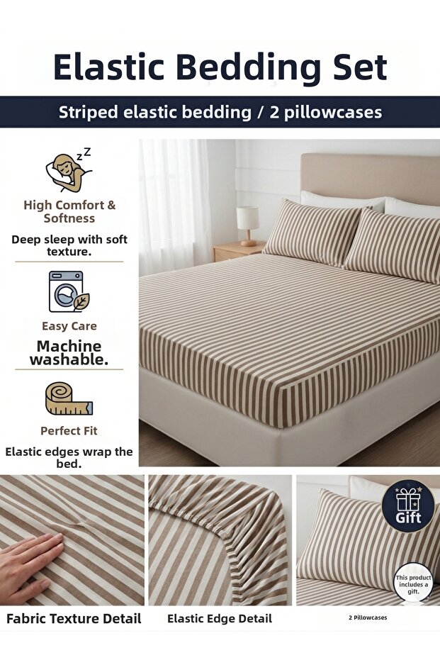 180X200Cm Striped King Size Cotton Elastic Bed Sheet (Pillowcase 50X70Cm with Gift)