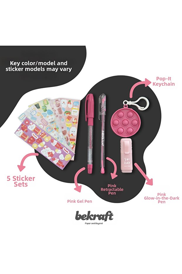 Pop-Cup Stationery Set - Glitter Pen, Ballpoint Pen, Highlighter, Keychain, 5 Stickers