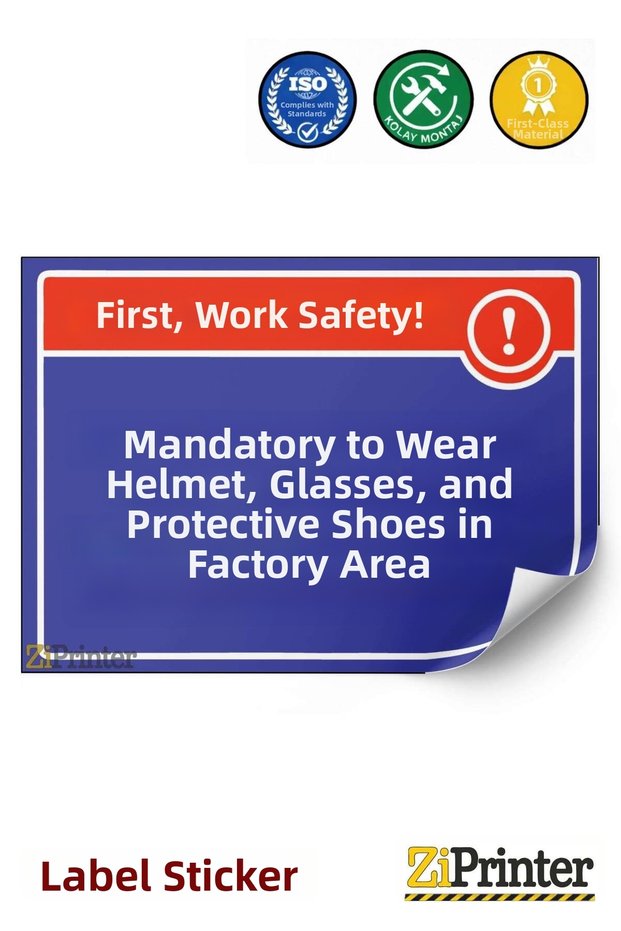 Factory Site Safety Helmet, Goggles and Protective Shoes Must Be Worn Warning Sign Sticker 25X35 cm