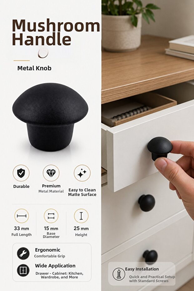 Cabinet Handle Black Metal Cork Button Handle Drawer Furniture Keson Nightstand Handle 33 mm