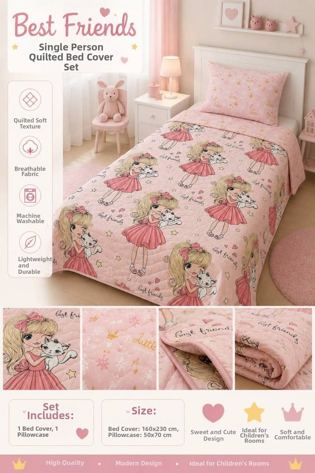 Single Quilted Reversible Bedspread Set for Young People and Children's Room Bedroom Set - 160 X 230 cm