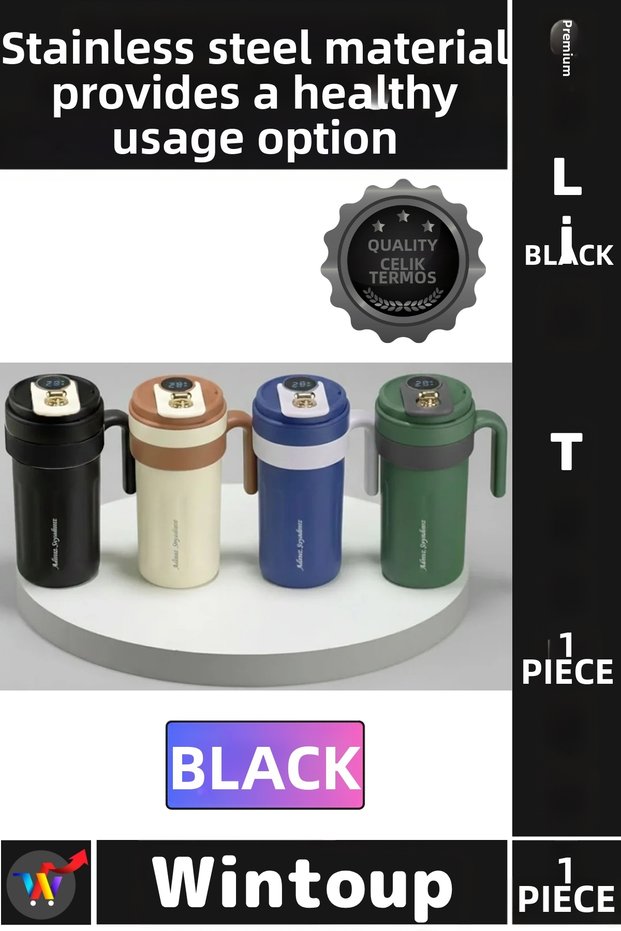 # Thermos Luxury Heat and Cold Insulated Leak-Proof Smart Flask with Digital Display and Handle Black Steel Thermos
