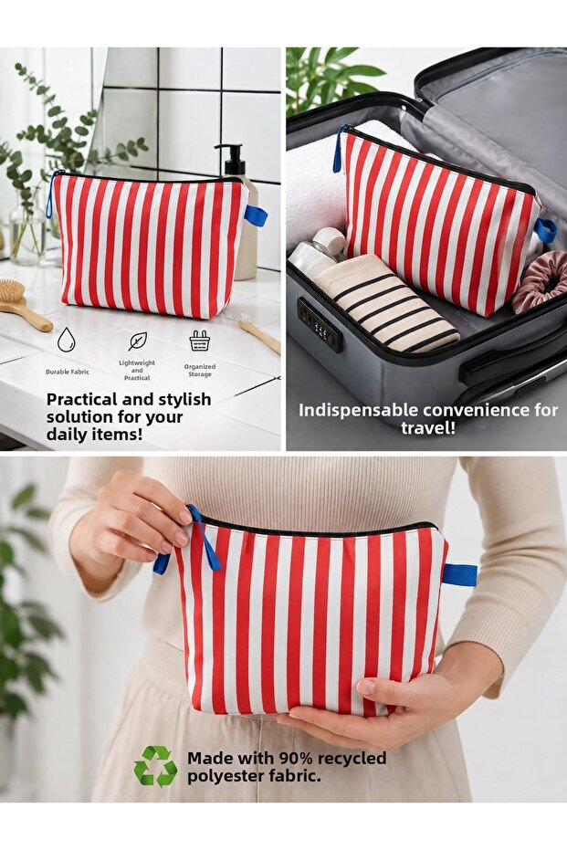 4-Compartment Hanging Makeup Bag - Travel Organizer - Red/White Striped