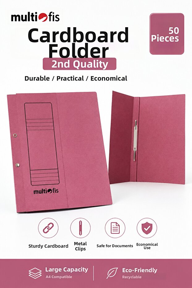 Cardboard File 2. Quality Metal Clips A4 Pink 50 Pieces