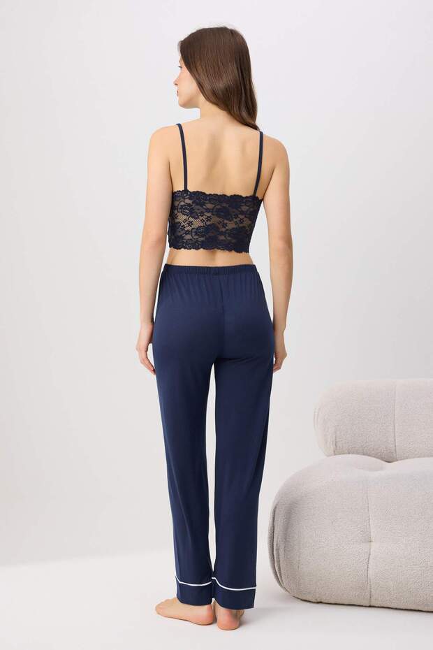 Lacivert Dantel Braletli Biyeli Pantolon Viskon Süprem Örme Pijama Takımı THMSS26PT00238 - 4