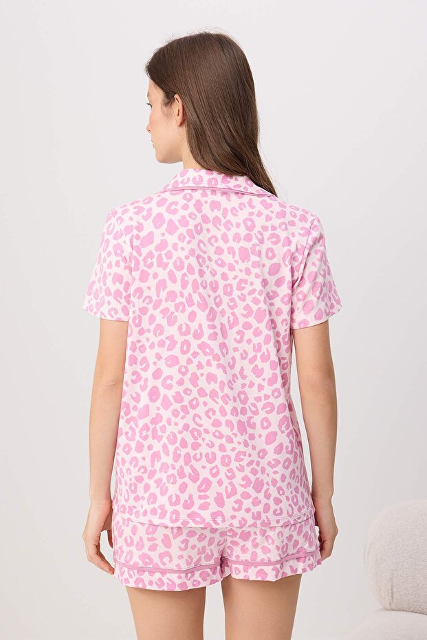 Pembe %100 Pamuklu Leopar Desenli Şortlu Örme Pijama Takımı THMSS24PT00392 - 4