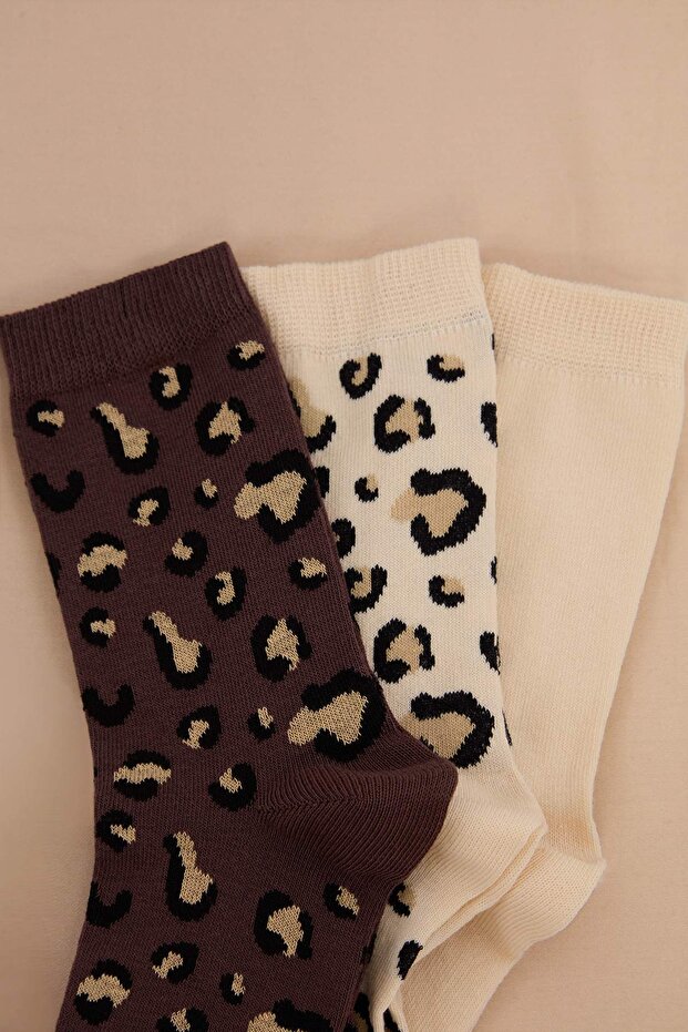 Kahverengi-Çok Renkli 3'lü Pamuklu Animal Jakar Örme Çorap THMSS26CO00032 - 2