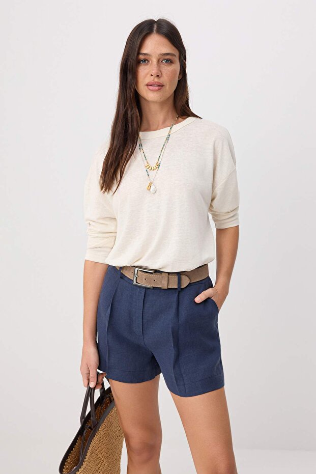 Lacivert %100 Keten Şort & Bermuda TWOSS26SR00206 - 2
