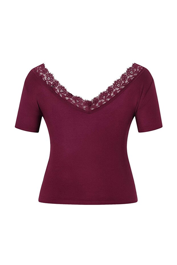 Mürdüm Kısa Kollu Yakası Dantel Detaylı Örme Büyük Beden Bluz TBBSS26AF00189 - 5