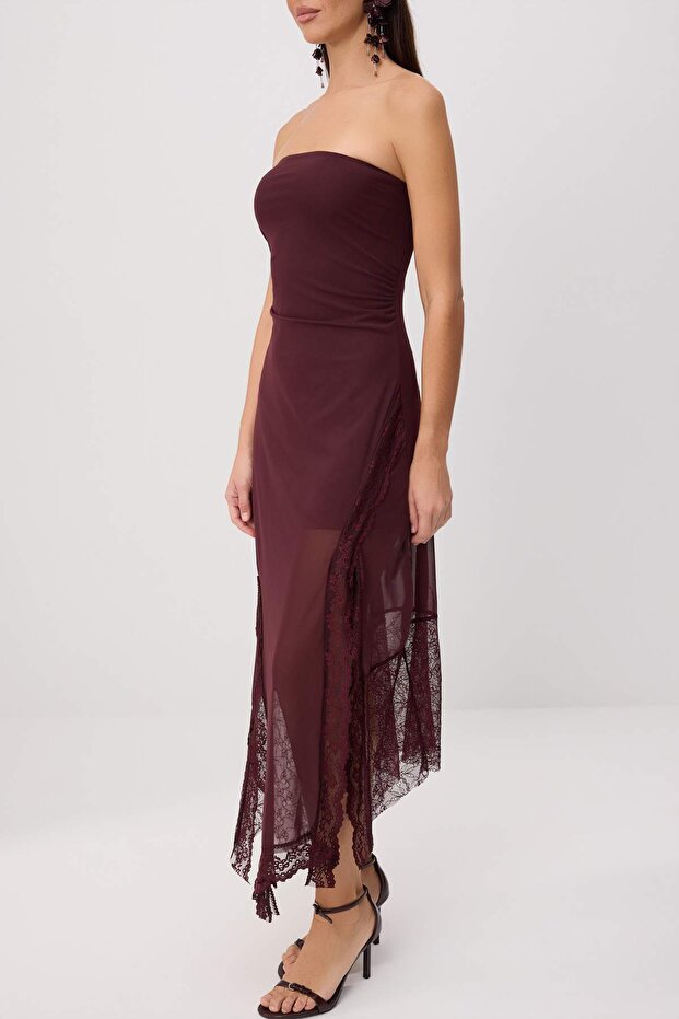 Bordo Dantel Detaylı Yırtmaçlı Straplez Maxi Abiye & Mezuniyet Party Elbisesi TPRSS26AE00203 - 3