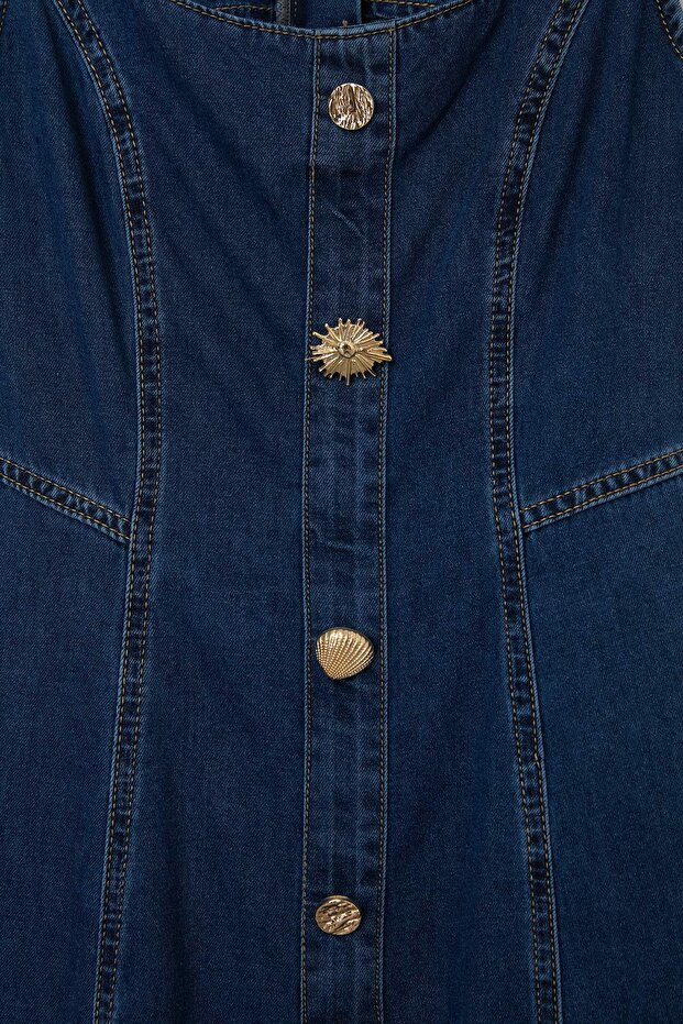 Lacivert Düğme Detaylı Askılı Maxi Denim Elbise TWOSS26EL00952 - 6